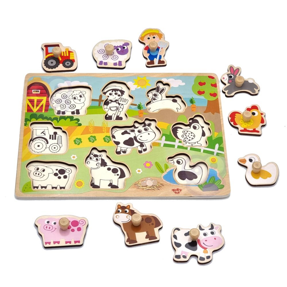 Medinė Montessori dėlionė ūkis su rankenėlėmis ED53507