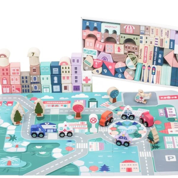 Medinės kaladėlės miestas su kilimėliu 115 vnt HM015220